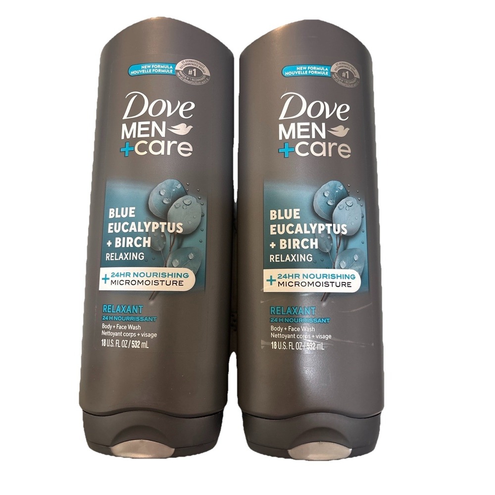 (2) Dove Men+Care Blue Eucalyptus Birch Skin Body Wash Micromoisture 13.5oz Each